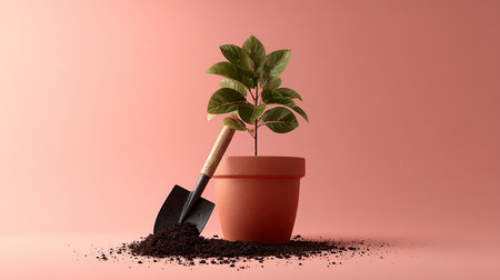 Plant in a pot with a shovel and soil on a pink backgroundの素材