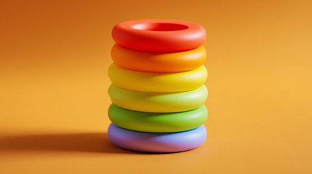 Pyramid of multicolored plastic rings on a yellow background.の素材