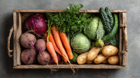 Variety of fresh organic vegetables in wooden box, top view.の素材