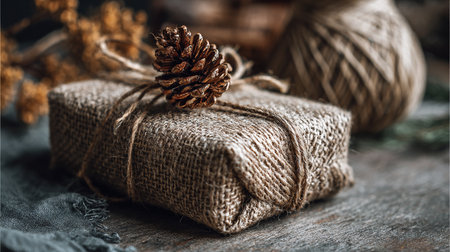 Wrapped Christmas or other holiday handmade present in craft paper with pine cone and twine on rustic wooden background.の素材