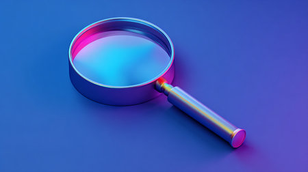 Magnifying glass on blue background. 3d render. Magnifying glass.の素材