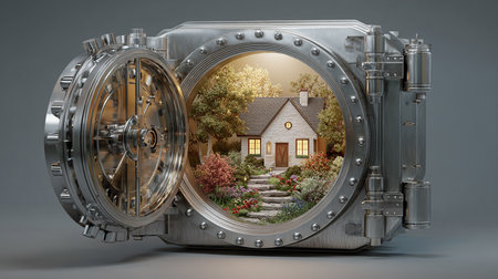 House inside a safe. 3d illustration. Conceptual image.の素材