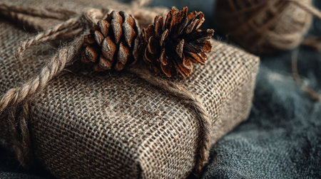 Pine cones and burlap sack on rustic background, closeupの素材
