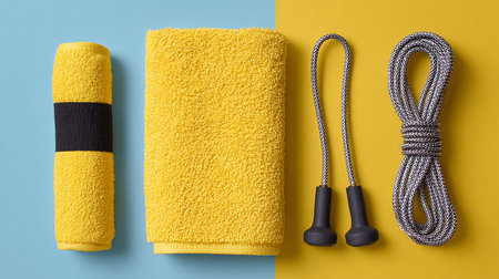 Fitness equipment on a blue and yellow background. Top view.の素材