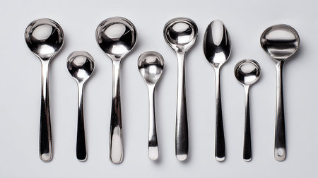 Silver spoons on white background. Top view. Flat lay.の素材