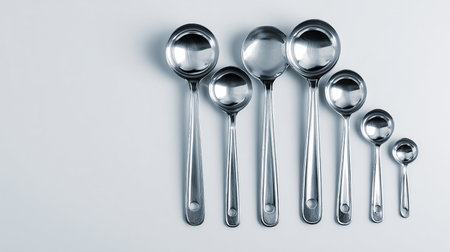 Stainless steel measuring spoons isolated on a white background.の素材