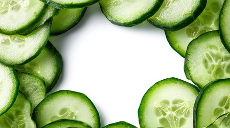 Cucumber slices isolated on white background. Top view. Flat lay.の素材