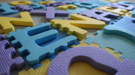 Colorful plastic puzzle pieces as background, closeup view. Education conceptの素材