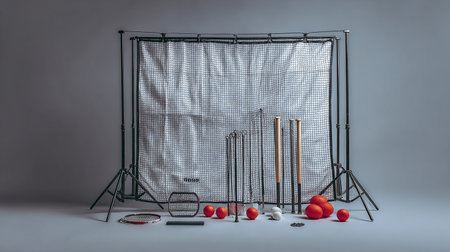 Set of professional photo studio equipment and lighting equipment on gray background.の素材