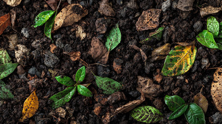 Green leaves on soil texture background, top view, copy space.の素材