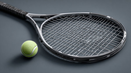 Tennis racket and ball on grey background. Close-up.の素材