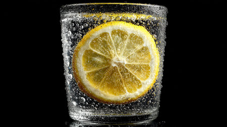 lemon in a glass of water on a black background with bubblesの素材