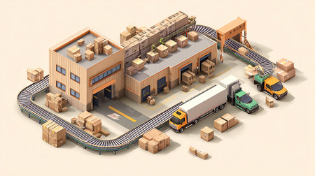 Warehouse isometric background with warehouse equipment and trucks 3d illustrationの素材