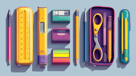 Set of school supplies on blue background. Back to school concept.の素材
