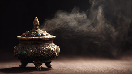 Antique bronze pot with incense on a black background with smokeの素材