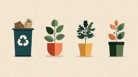 Recycling and environment concept. Vector illustration of different types of garbage in the pot.の素材