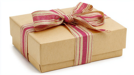 Brown gift box with red ribbon bow isolated on white background, clipping path includedの素材