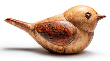 Wooden bird figurine isolated on white background. Clipping path included.の素材