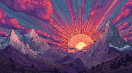 Sunset in the mountains. Landscape with mountains. Vector illustration.の素材