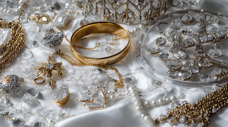 Wedding rings and jewelry on a white satin background.の素材