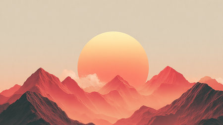 Sunset over the mountains. 3D rendering. Computer digital drawing.の素材