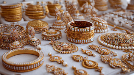 Indian gold jewelry on display for sale at a market in India.の素材