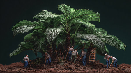 Miniature people : gardener with seedlings of tobacco plant.の素材