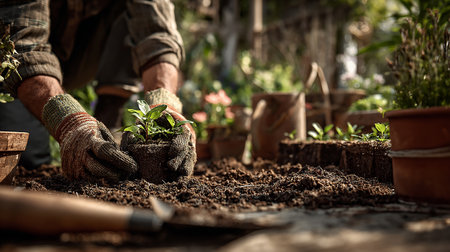 Gardener working in the garden, planting seedlings in potsの素材