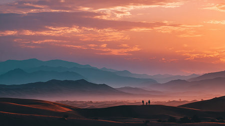 Sunset in the desert of Morocco. Landscape with mountains and peopleの素材