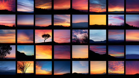 Silhouette of tree and sunset in the mountains. Collage.の素材