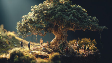 Miniature people with big tree in the forest. 3d rendering.の素材