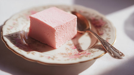 Piece of pink cake on a plate. Selective focus.の素材