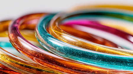 Close up shot of a group of multicolored bracelets.の素材