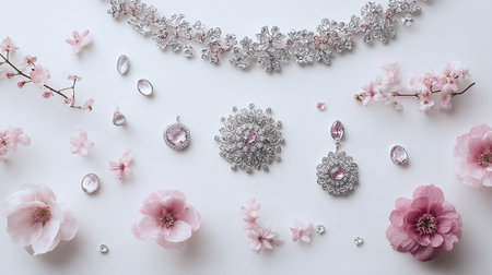 Beautiful jewelry background with sakura flowers and pearls on whiteの素材