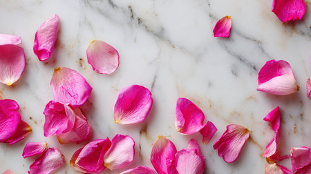 Rose petals on white marble background. Flat lay, top viewの素材