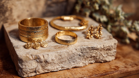 wedding rings and gold bracelets on a stone background.の素材