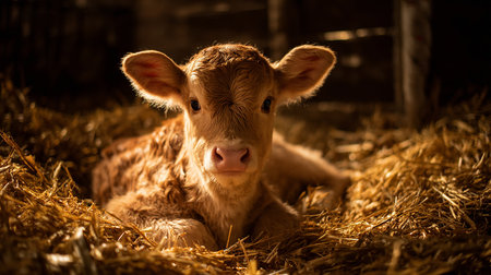 Cute little calf in the barn at sunset, close-upの素材