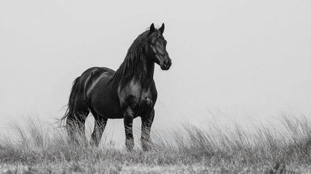 Black stallion standing in a field in black and white, monochromeの素材