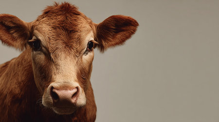 Portrait of a brown cow on a gray background with copy spaceの素材