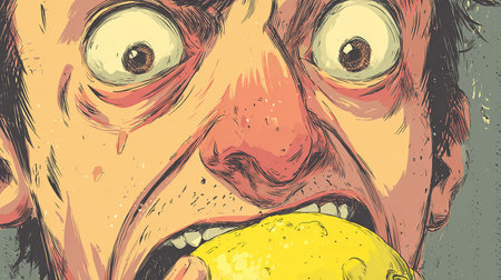 Vector illustration of an angry man with a lemon in his mouth.の素材