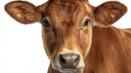 Portrait of a brown calf on a white background. Close-up.の素材