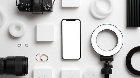Flat lay, top view photo of photographer workspace with blank screen smartphone, camera and accessories on white backgroundの素材