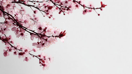 Spring cherry blossom branch over white background with copy space for textの素材