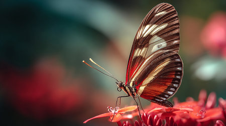 Butterfly on a red flower in the garden, nature backgroundの素材