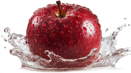 Red apple with water splash isolated on white background. Close up.の素材