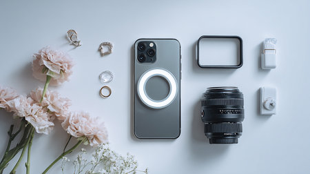 Flat lay of photographer workspace with camera, smart watch and flowers on white backgroundの素材