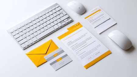 Flat lay of computer keyboard, mouse and envelope on white backgroundの素材