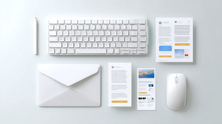 Computer keyboard, mouse, envelope and notebook on white background. Top viewの素材