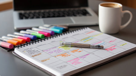 Notebook, pen and coffee cup on the wooden table background.の素材