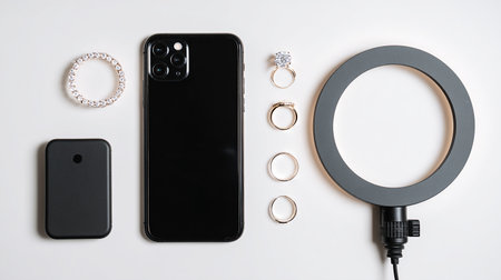 Smartphone, earrings and a magnifying glass on a white backgroundの素材